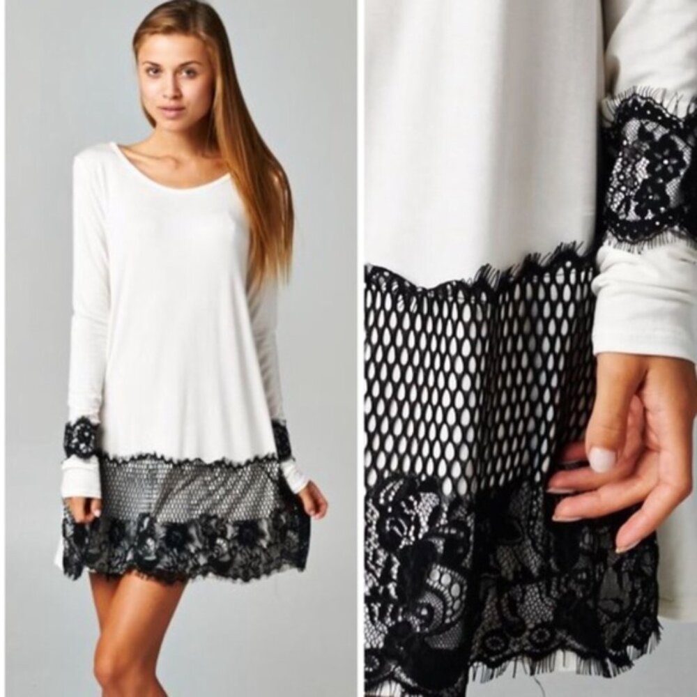 Mon Ami White with Black Lace Trim Design Tunic Dress
